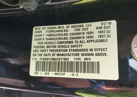 2018 Honda Cr-V Exl из США, поврежденный, VIN 7FARW1H88JE017853